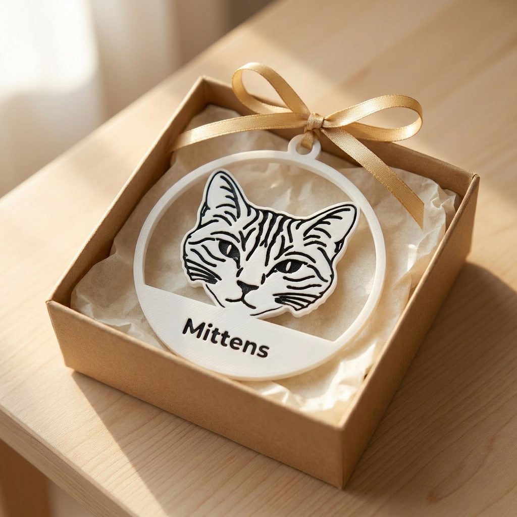 A white ornament with a cat's face in black line art, boxed in kraft card with tissue and a gold thread