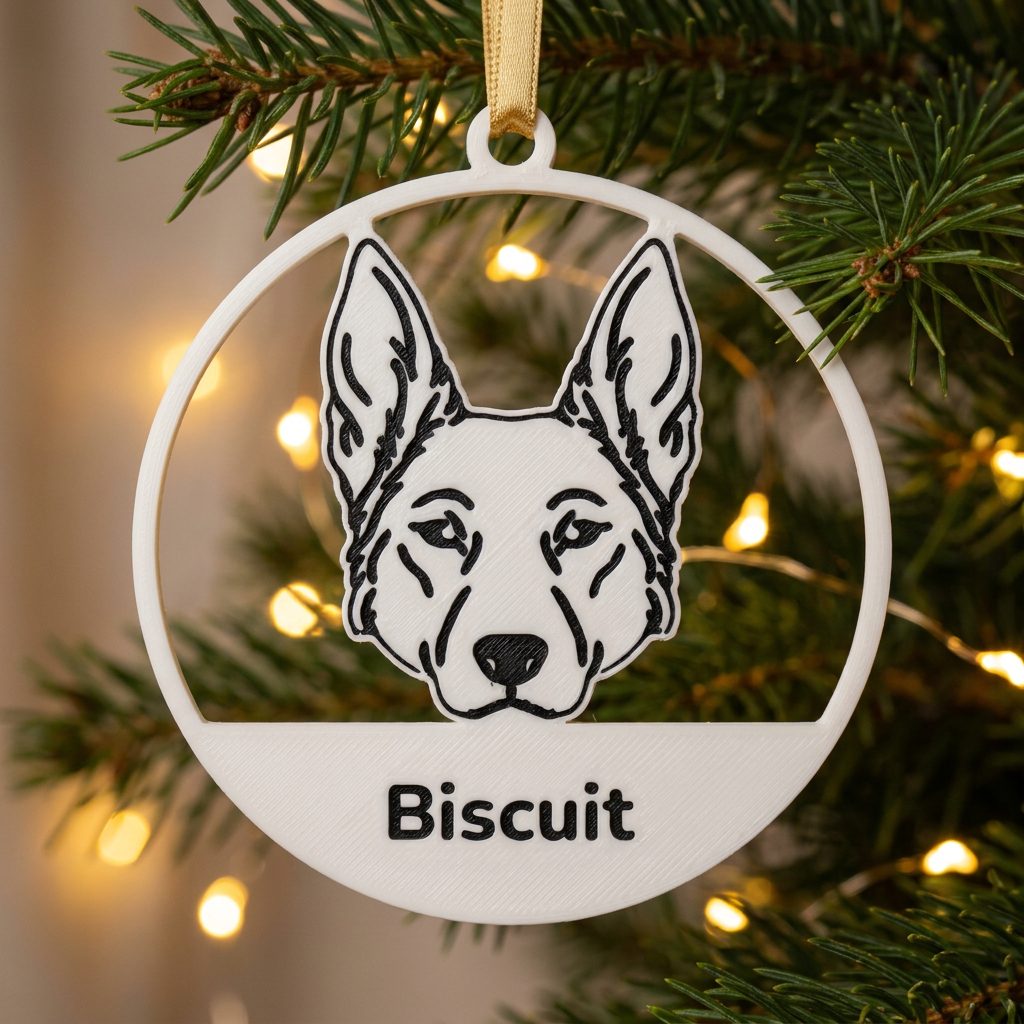 A white 3D-printed ornament with a dog's face drawn in black line art and the name Biscuit, hanging from a fir branch by a gold thread