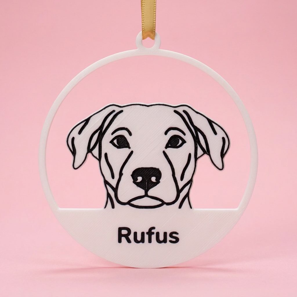 A white ornament with a dog's face in black line art and the name Rufus, hanging by a gold thread against pink